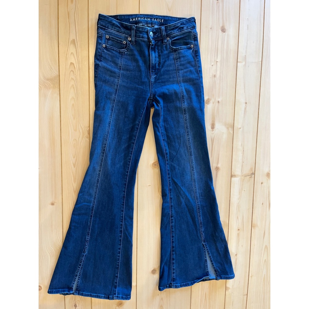 American Eagle Festival Flare Jeans Women's 4 Dark Wash Stretch‎ Detail Slit Hem